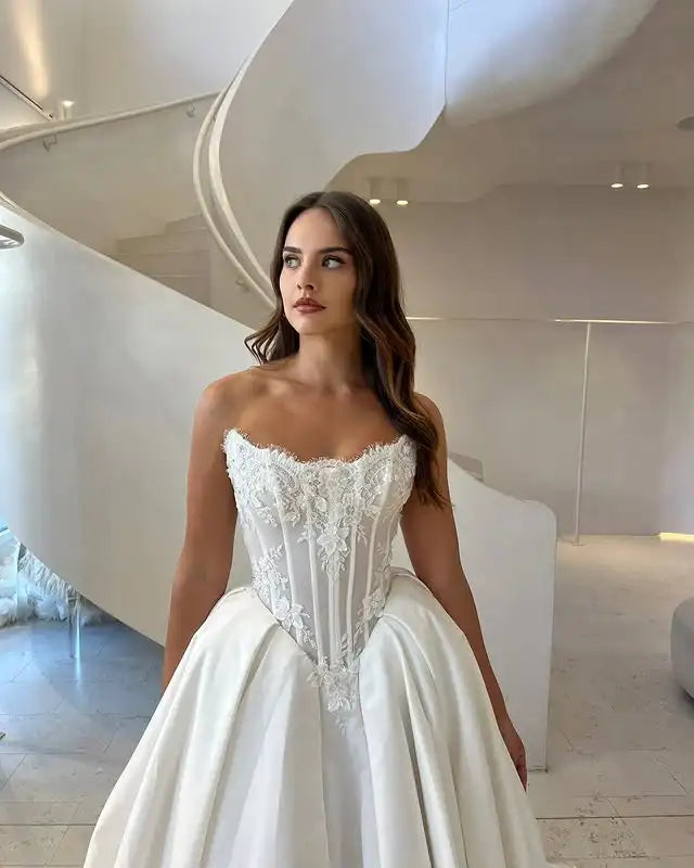 Satin A Line Luxurious Scoop Neckling Lace Bodice Wedding Dresses Custom Made Bridal Grown The Clothing Company Sydney