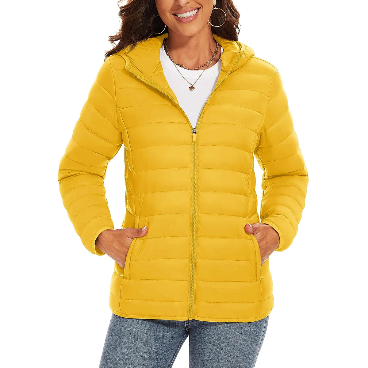 Women's quilted puffer jacket with hood, full zip, multiple pockets, waterproof, lightweight winter coat by The Clothing Company Sydney.