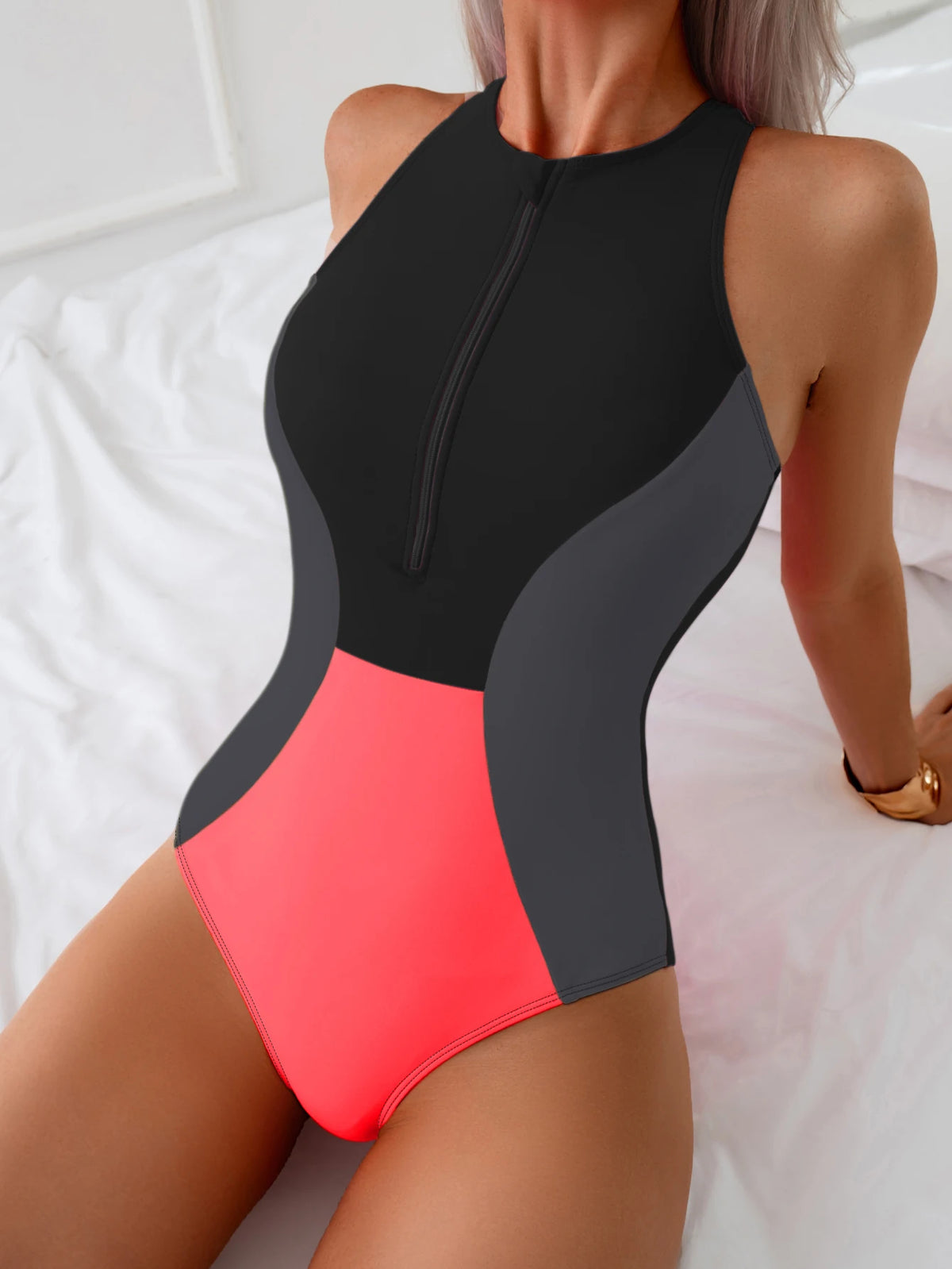 Sporty slim fit women's one-piece swimsuit with zipper, ideal for swimming and beachwear, by The Clothing Company Sydney.
