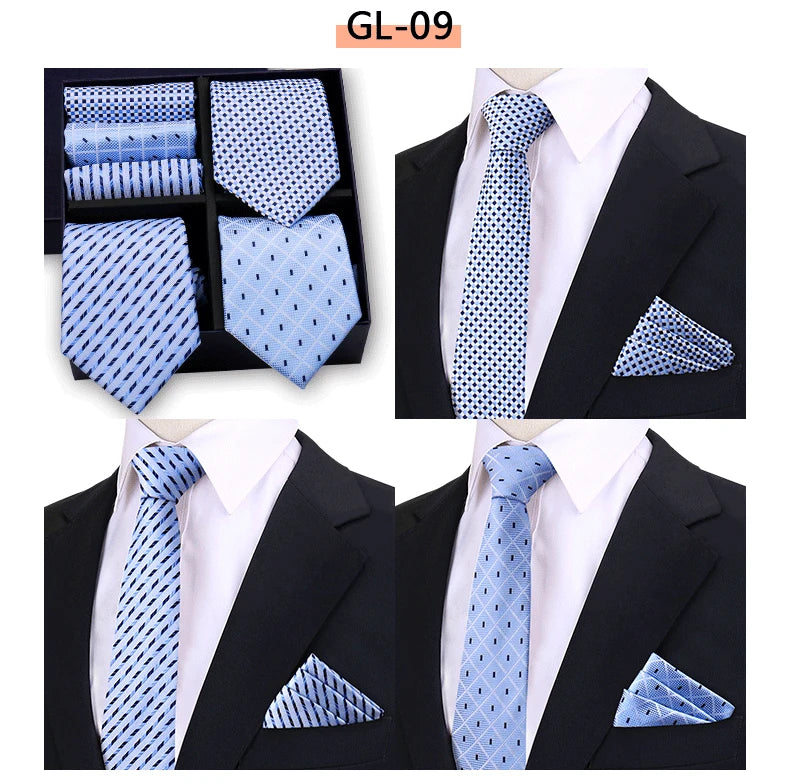 Luxury men's tie set with paisley and striped necktie, handkerchief, and accessories in a gift box by The Clothing Company Sydney.