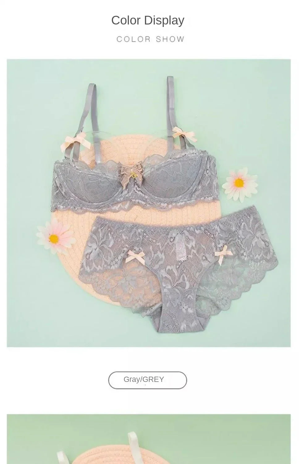 Two-piece lace pull-up bra set with bows, breathable fabric, anti-slip cups, perfect for lingerie and date night wear.