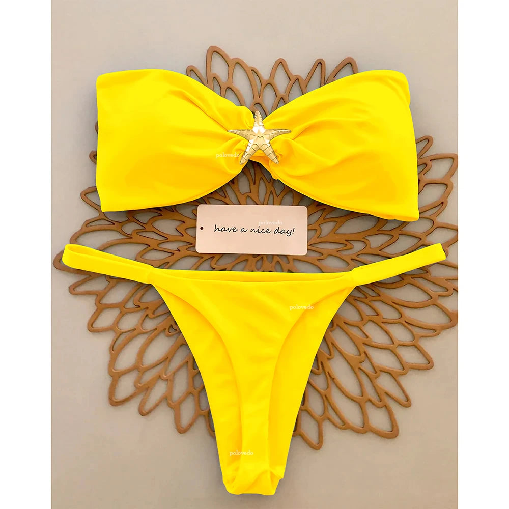 Two-piece push-up bikini swimsuit by The Clothing Company Sydney featuring a bandeau top and Brazilian-style micro bikini bottom.