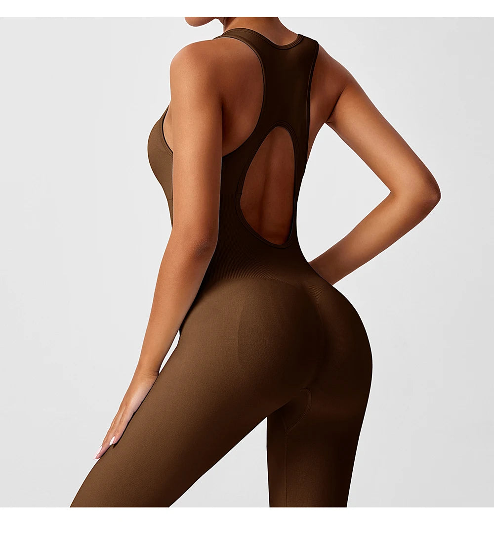 Seamless peach-colored women’s yoga bodysuit with V-back design, suitable for gym workouts and activewear by The Clothing Company Sydney.