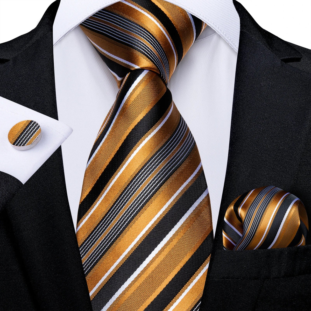 Luxury black and gold paisley silk tie set by The Clothing Company Sydney, includes necktie, pocket square, and cufflinks accessories.