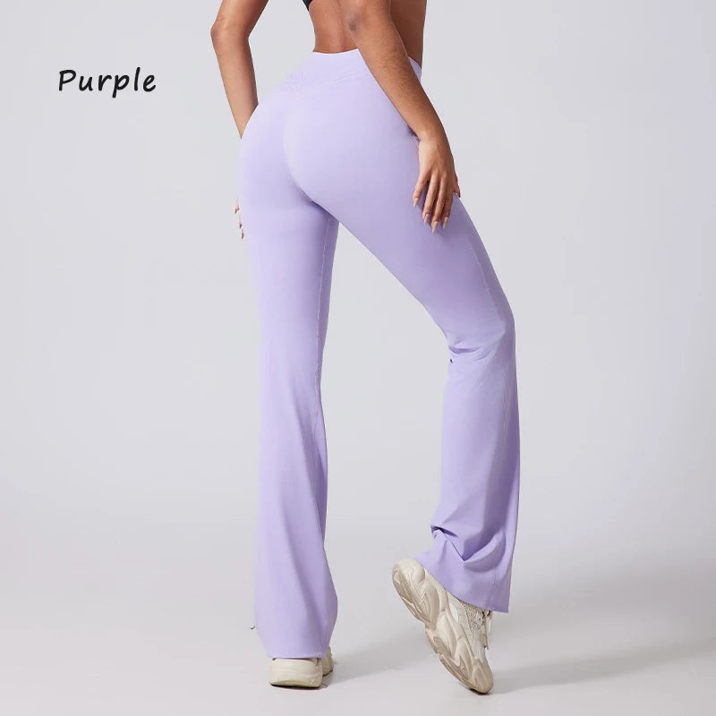 Women's high waisted hip lifting flared yoga pants by The Clothing Company Sydney, featuring wide leg and micro flare design.
