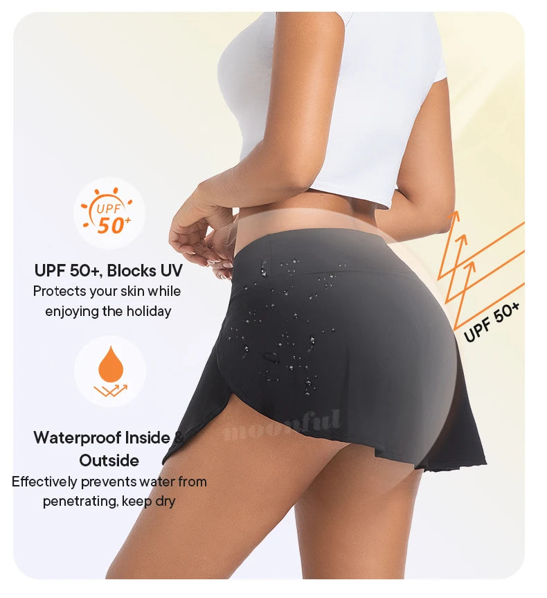 Menstrual swimsuit with built-in swimwear panties for heavy flow women, featuring a reusable skirt design for comfortable period swimming.