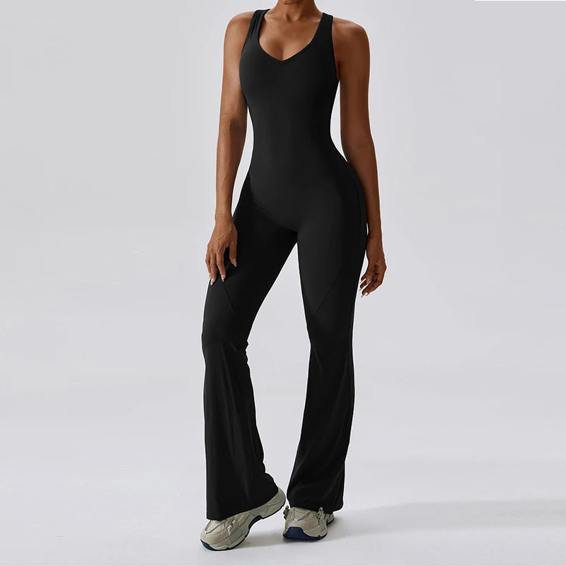 Open back V jumpsuit gym set for women, The Clothing Company Sydney, stretchy fitness and yoga sportswear romper for workout and training.