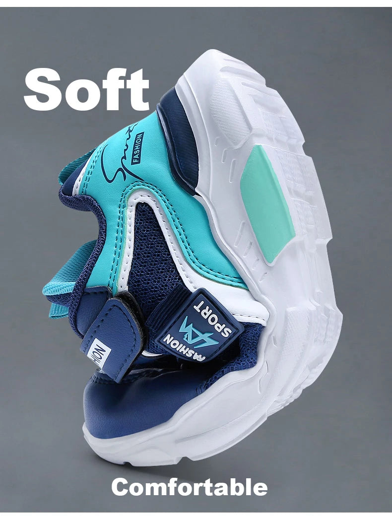 Kids’ breathable summer sneakers by The Clothing Company Sydney, navy mesh running shoes with hook-and-loop straps for boys and girls.