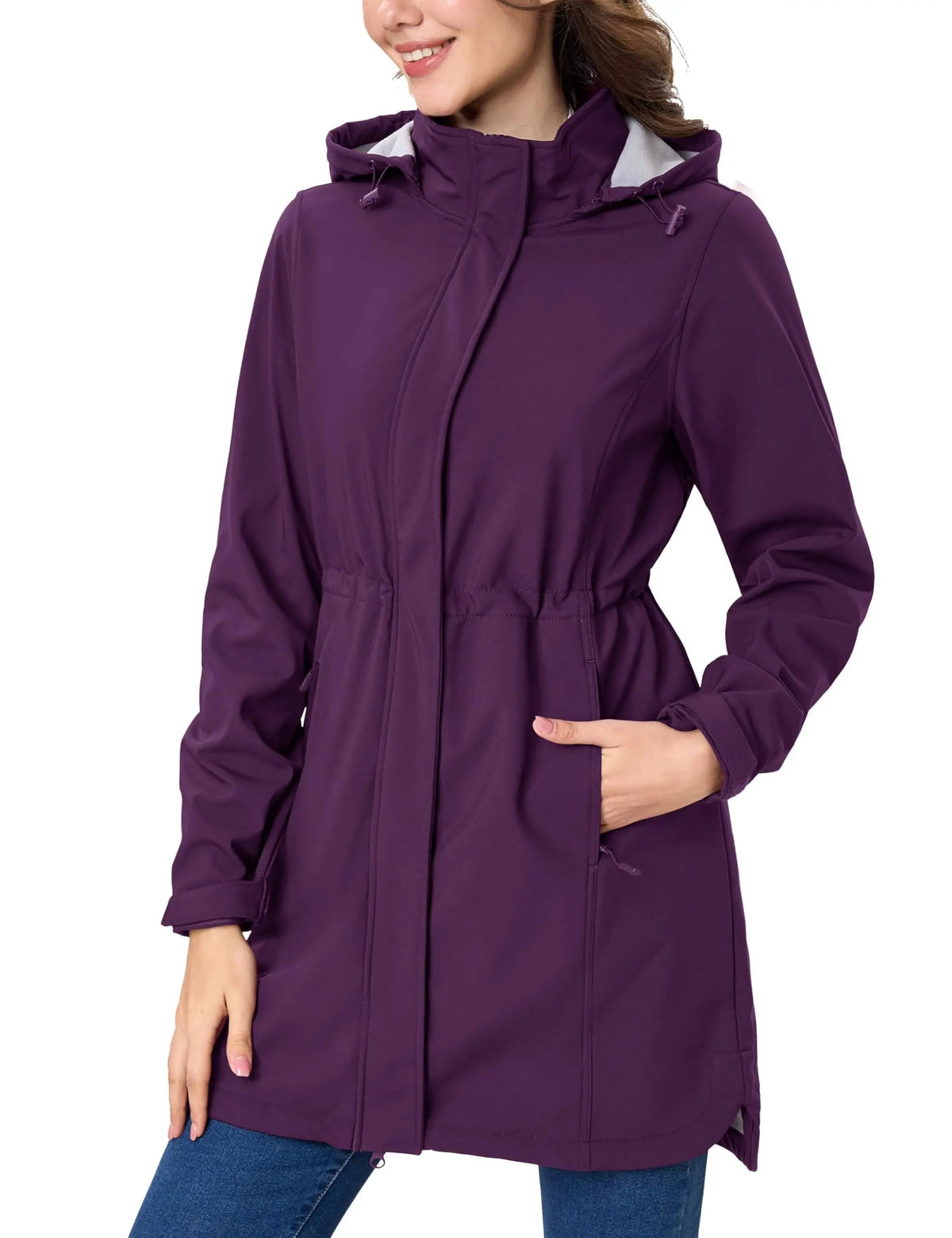 Womens long fleece-lined softshell jacket by The Clothing Company Sydney, windproof hooded raincoat for winter outdoor warmth.