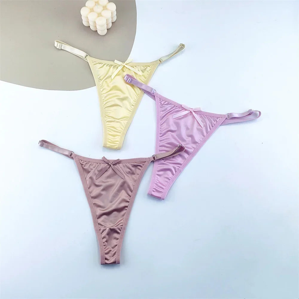 Three pack of adjustable satin thong G-string lingerie with low waist T-back bows from The Clothing Company Sydney.
