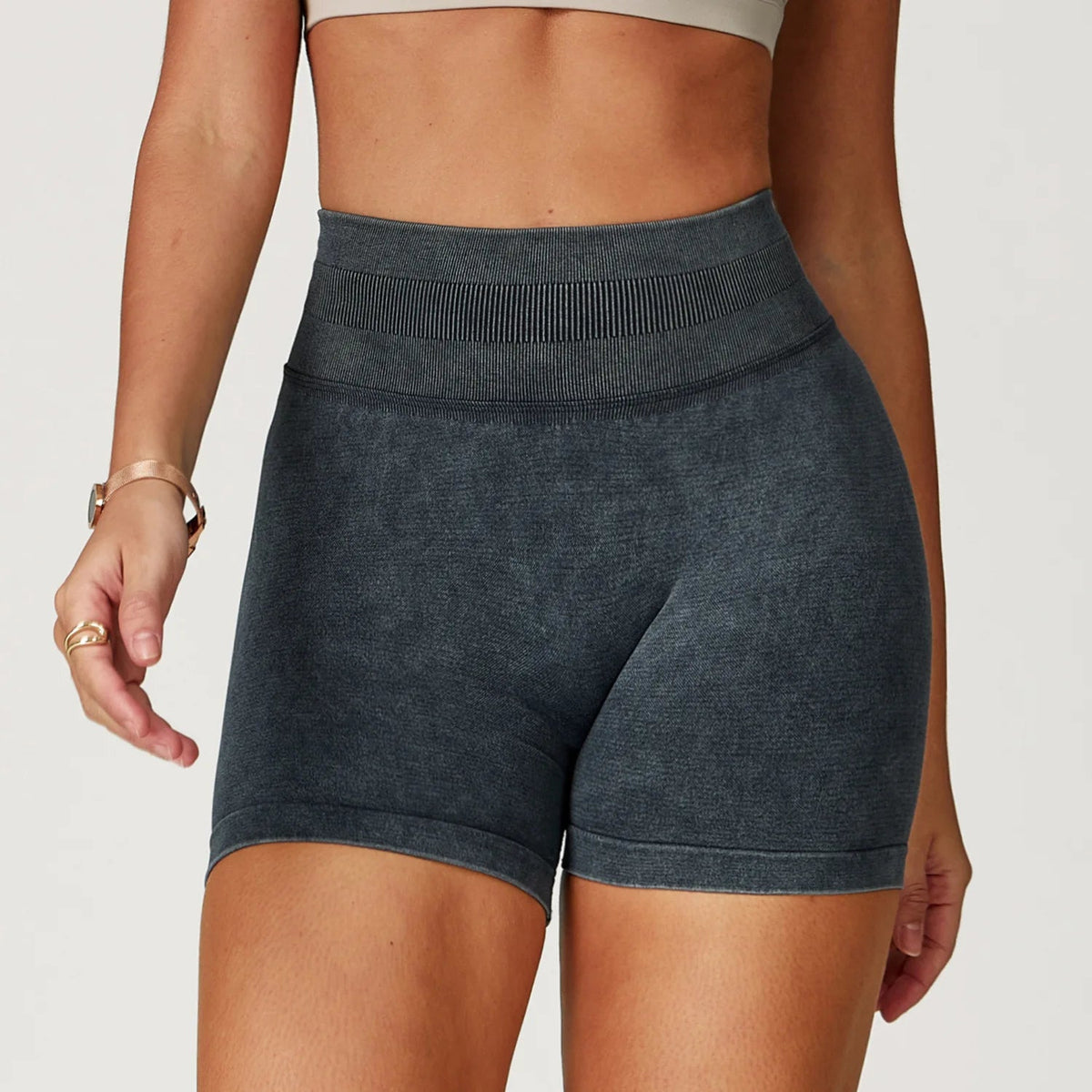 High waist women’s yoga and bike shorts by The Clothing Company Sydney, sand-washed fabric, ideal for fitness, running, and gym workouts.