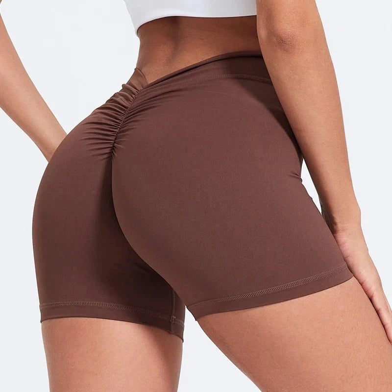 High-waisted V-back fitness shorts from The Clothing Company Sydney, nylon tight-fitting yoga and training shorts for women.