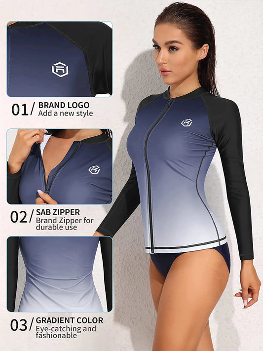 Women's Rash Guard UPF 50+ Crew Neck Long Sleeves Zipper Gradients Color Quick Dry Soft Swimming Surfing Tops The Clothing Company Sydney