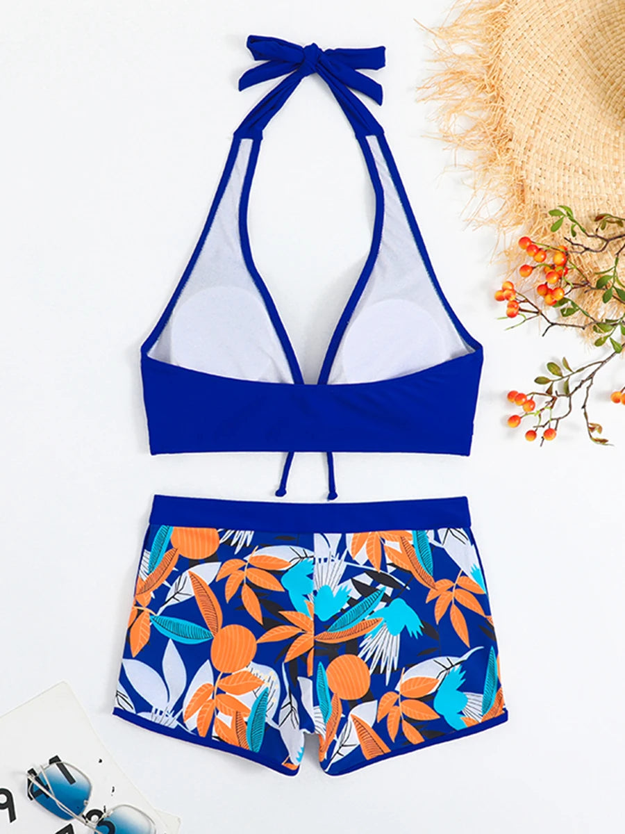 2 Piece Halter Bikini Set Shorts Swimsuit High Waist Swimwear Female Printed Bathers Swimming Bathing Swim Suit Beachwear - The Clothing Company Sydney