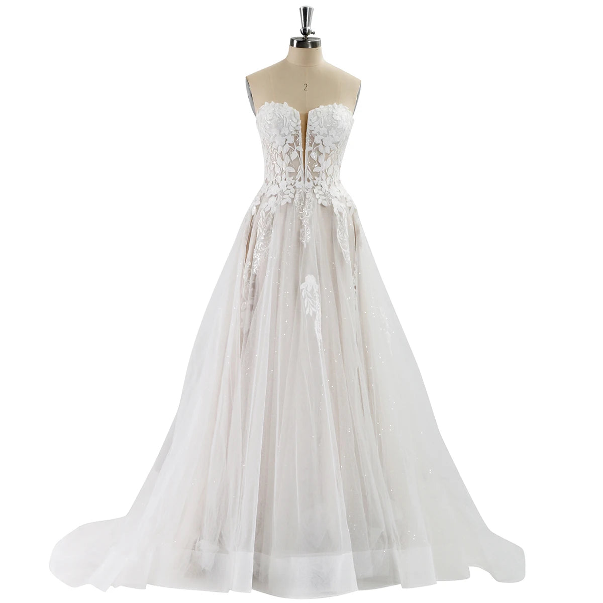 Elegant sleeveless lace wedding dress with deep V-neck and sparkly details, featuring a sweetheart neckline, from The Clothing Company Sydney.