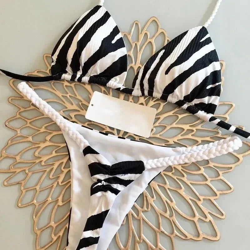2 Piece Swimwear Leopard Printed Micro Bikini Set Striped Beachwear Summer Swimsuit Two-pieces Thong Bathing Suit