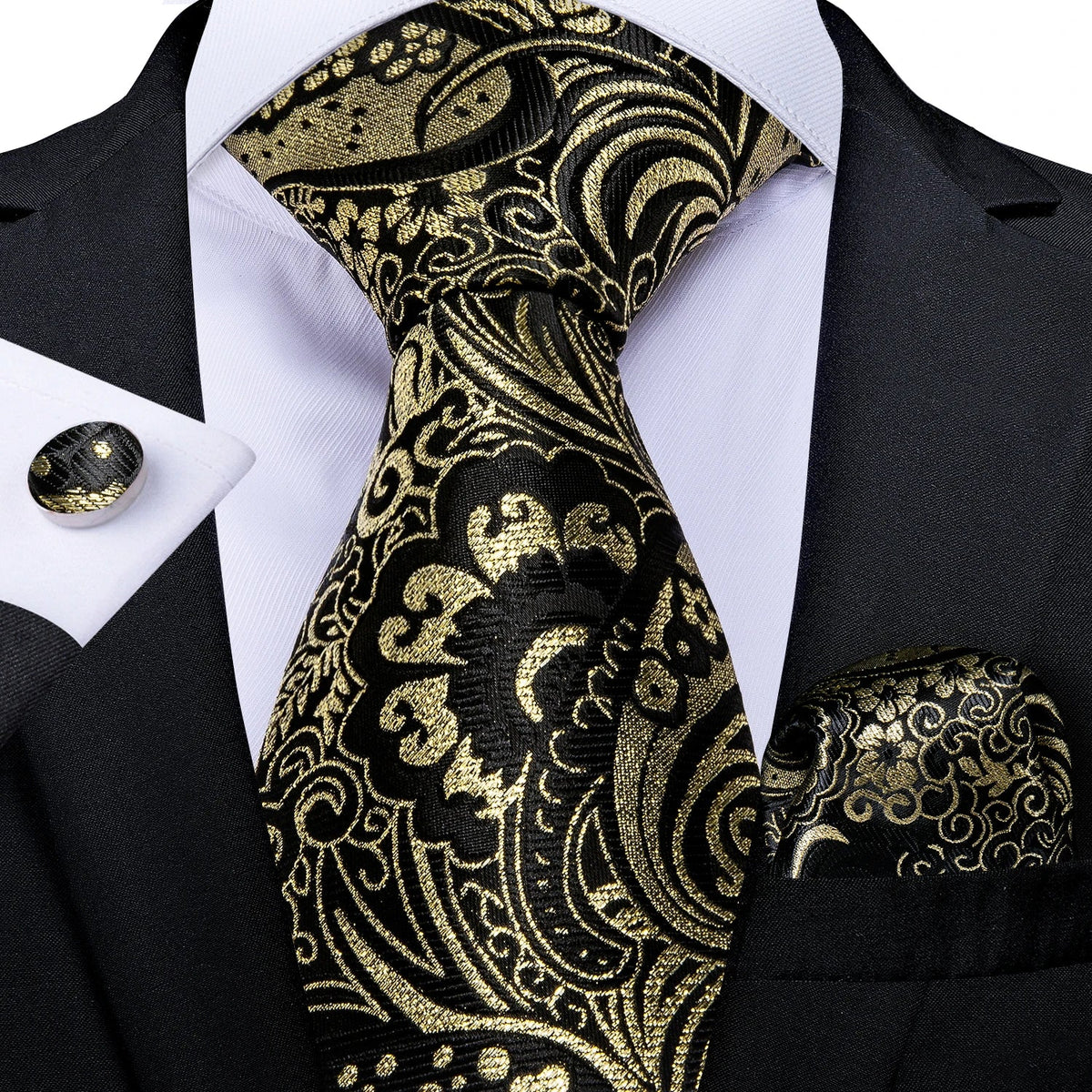 Luxury black and gold paisley silk tie set for men, includes necktie, pocket square, and cufflinks, by The Clothing Company Sydney.