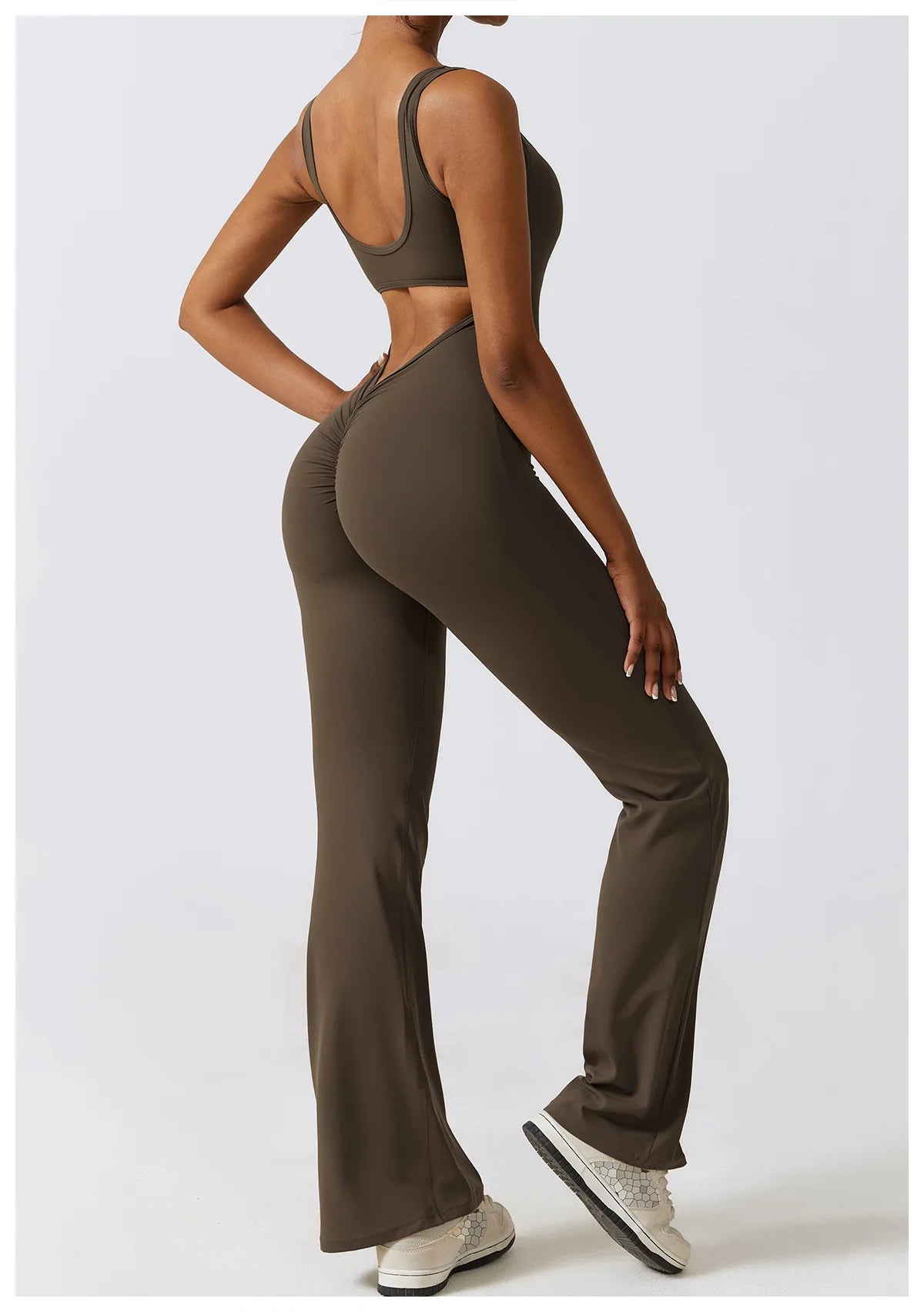 Open back fitness V jumpsuit by The Clothing Company Sydney, women’s stretch workout romper for yoga, gym, and training activities.