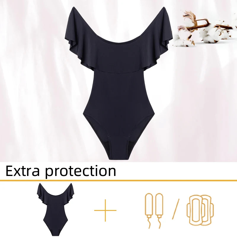 Men's menstrual swimsuit by The Clothing Company Sydney, one-piece period swimwear with leak-proof, absorbent fabric for women at the beach