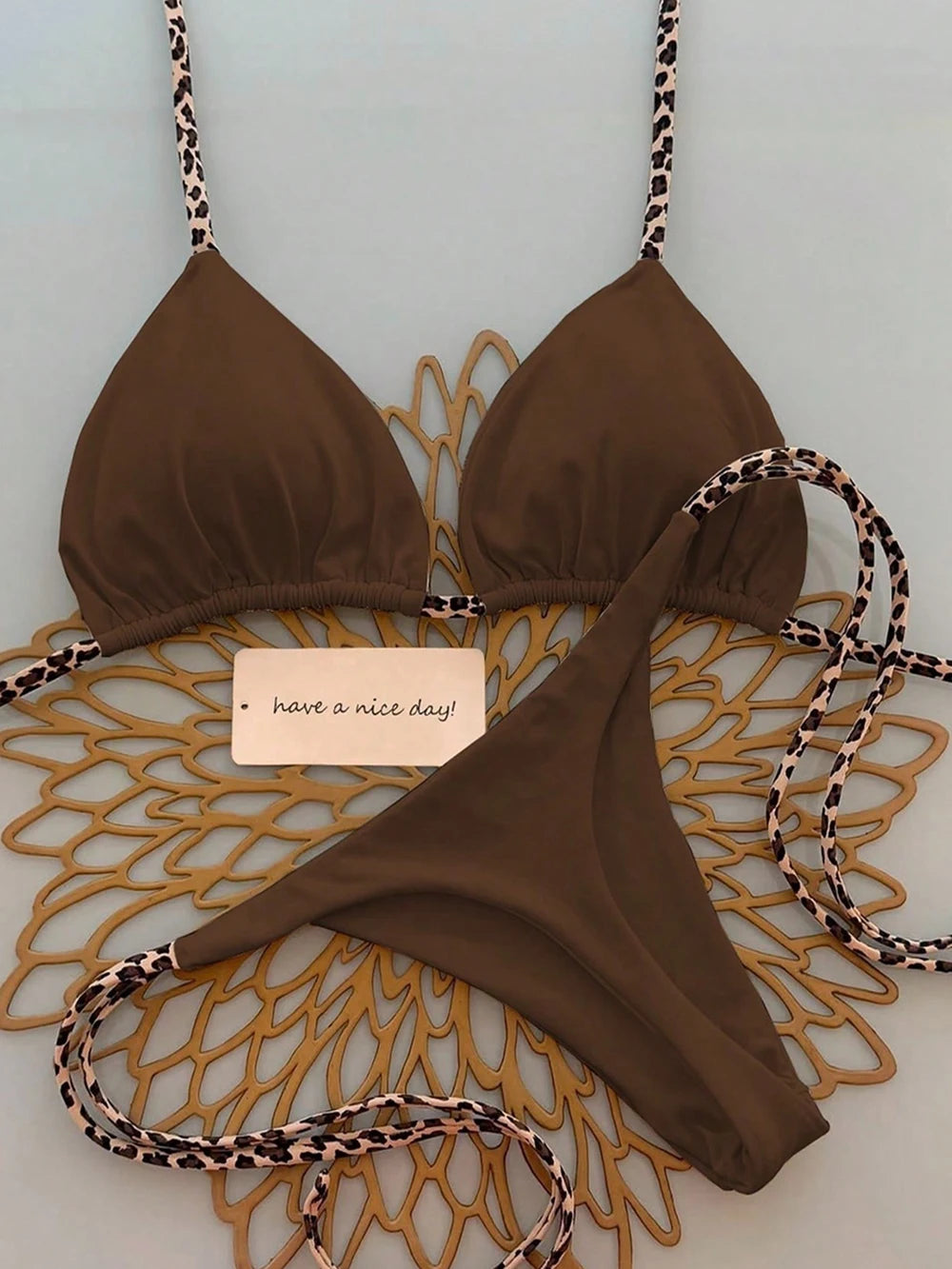 Halter Bikini Set Lace-Up Low Waist Two Piece Triangle Thong Swimwear Leopard Tie On Side Brazilian Micro Bikini Set