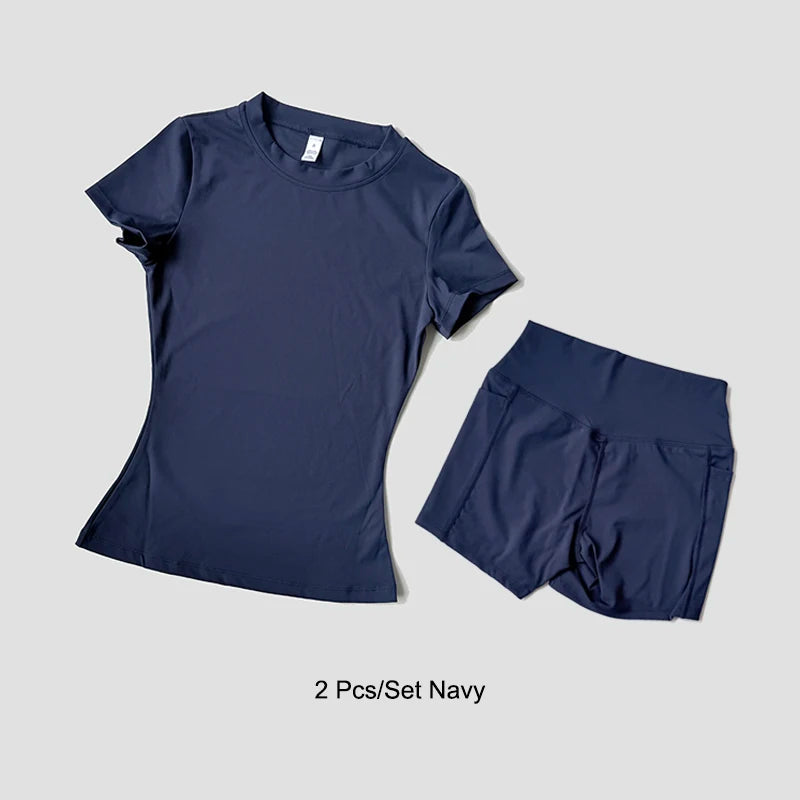 2 Piece Women's Sports Yoga Set Seamless Knitted Fitness Gym Clothes Sportswear Short Sleeve Crop Top Tracksuits Gym Bike Shorts - The Clothing Company Sydney