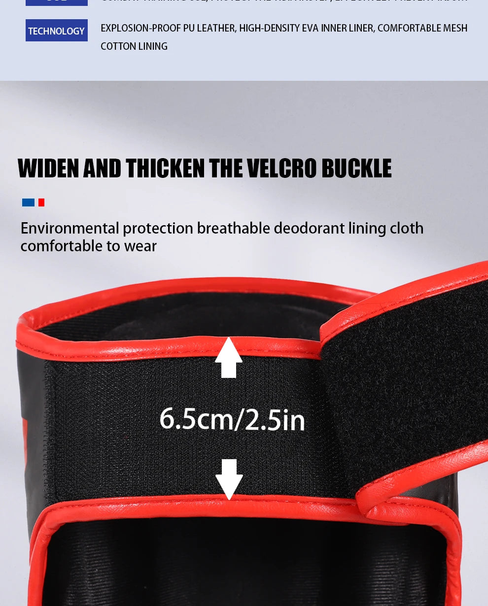 Muay Thai shin guards with foot and back protection for boxing, fighting, and taekwondo training
