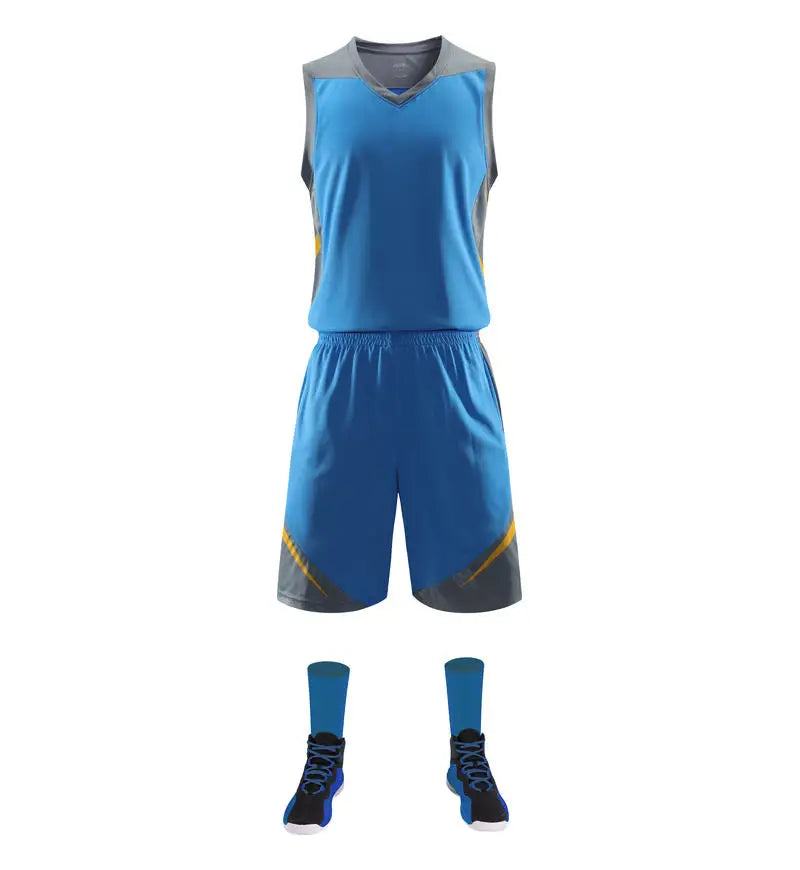 Two-piece sportswear basketball jersey and shorts set for men, women, and kids by The Clothing Company Sydney, featuring blank custom design.