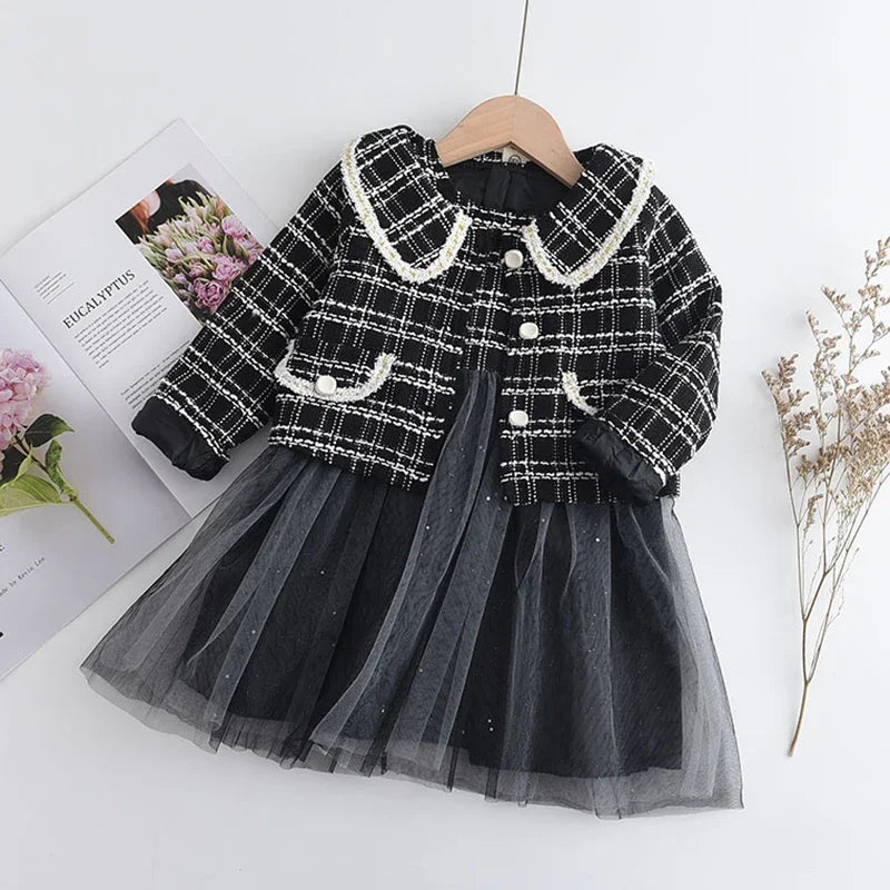 Three-piece girls' spring and autumn plaid vest, dress, and coat set from The Clothing Company Sydney, perfect for baby parties.
