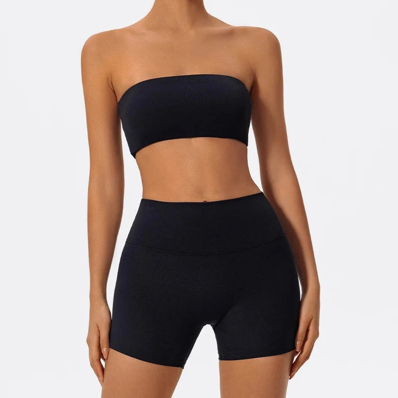 Two-piece women's fitness sports set with strapless bra and workout yoga crop top, ideal for gym and active wear.