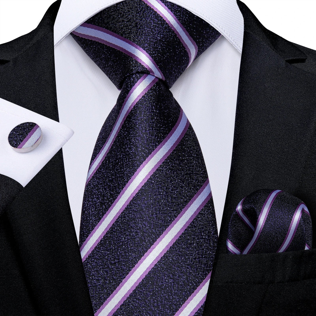 Luxury purple paisley silk tie set for men, 8cm wide, with matching accessories, from The Clothing Company Sydney.
