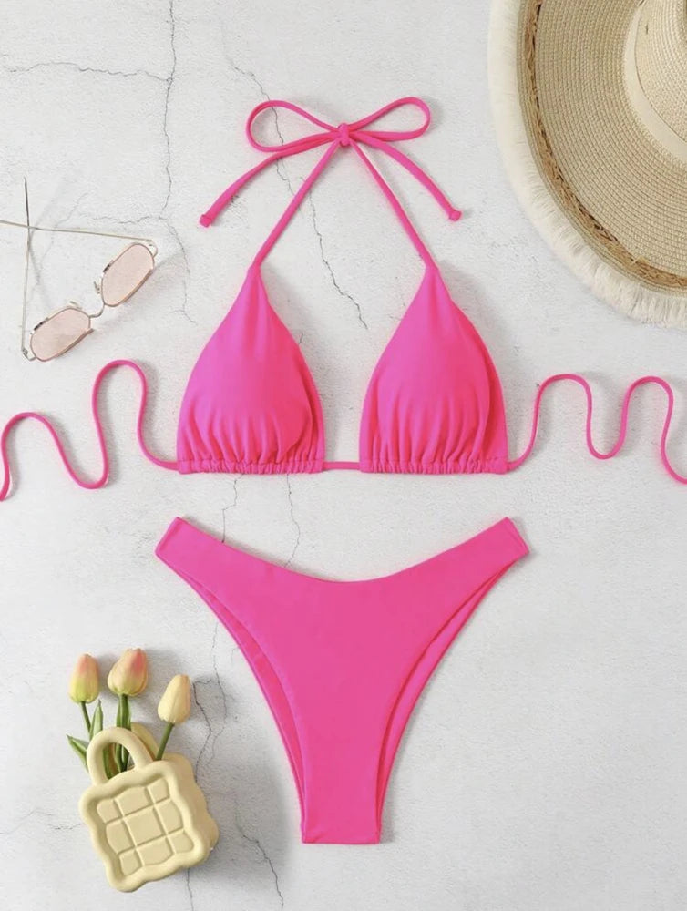 2 Piece Thong Bikini Solid White/Black/Coffee Halter Swimsuit Lace Up Brazilian Bathing Suit Double Fabric Beachwear The Clothing Company Sydney