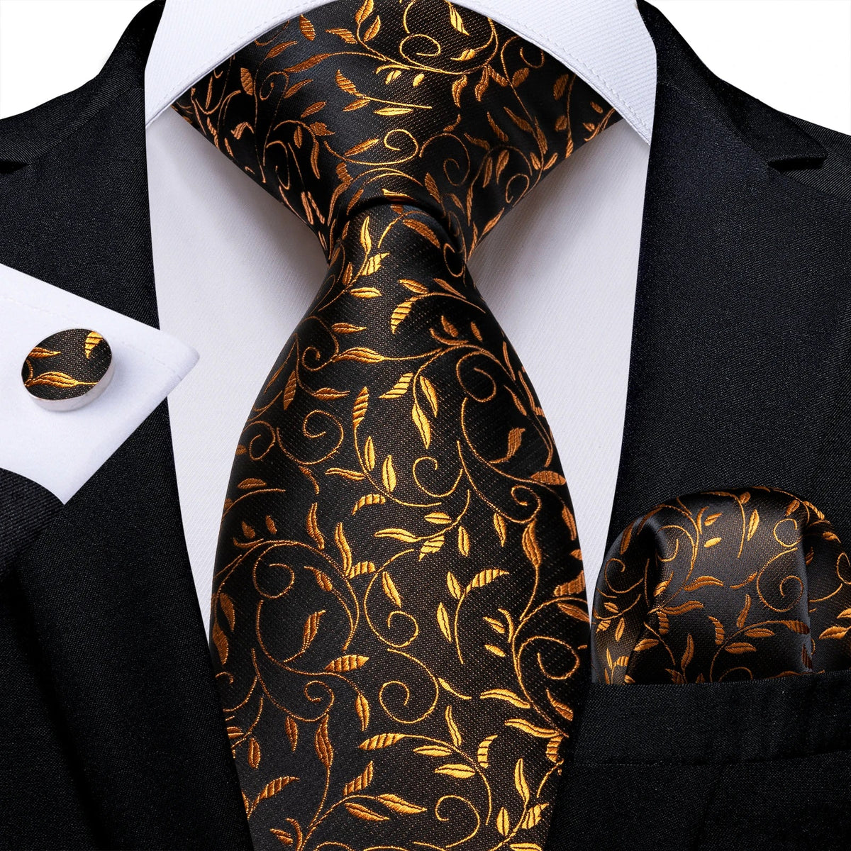 Luxury black and gold paisley silk tie set with matching pocket square and cufflinks, men's accessories by The Clothing Company Sydney.