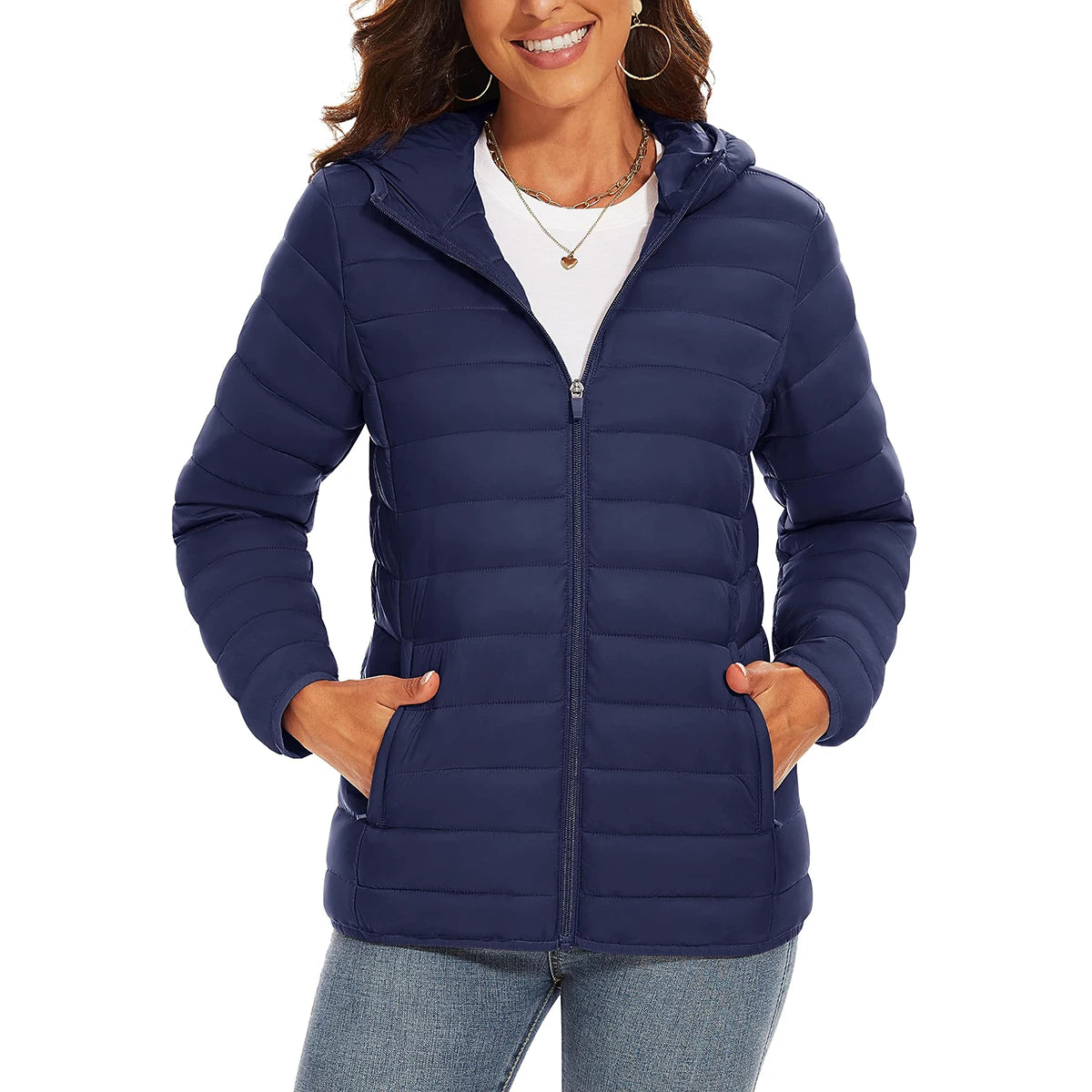 Warm puffer hooded women's quilted jacket by The Clothing Company Sydney, featuring multiple pockets, waterproof winter down coat.