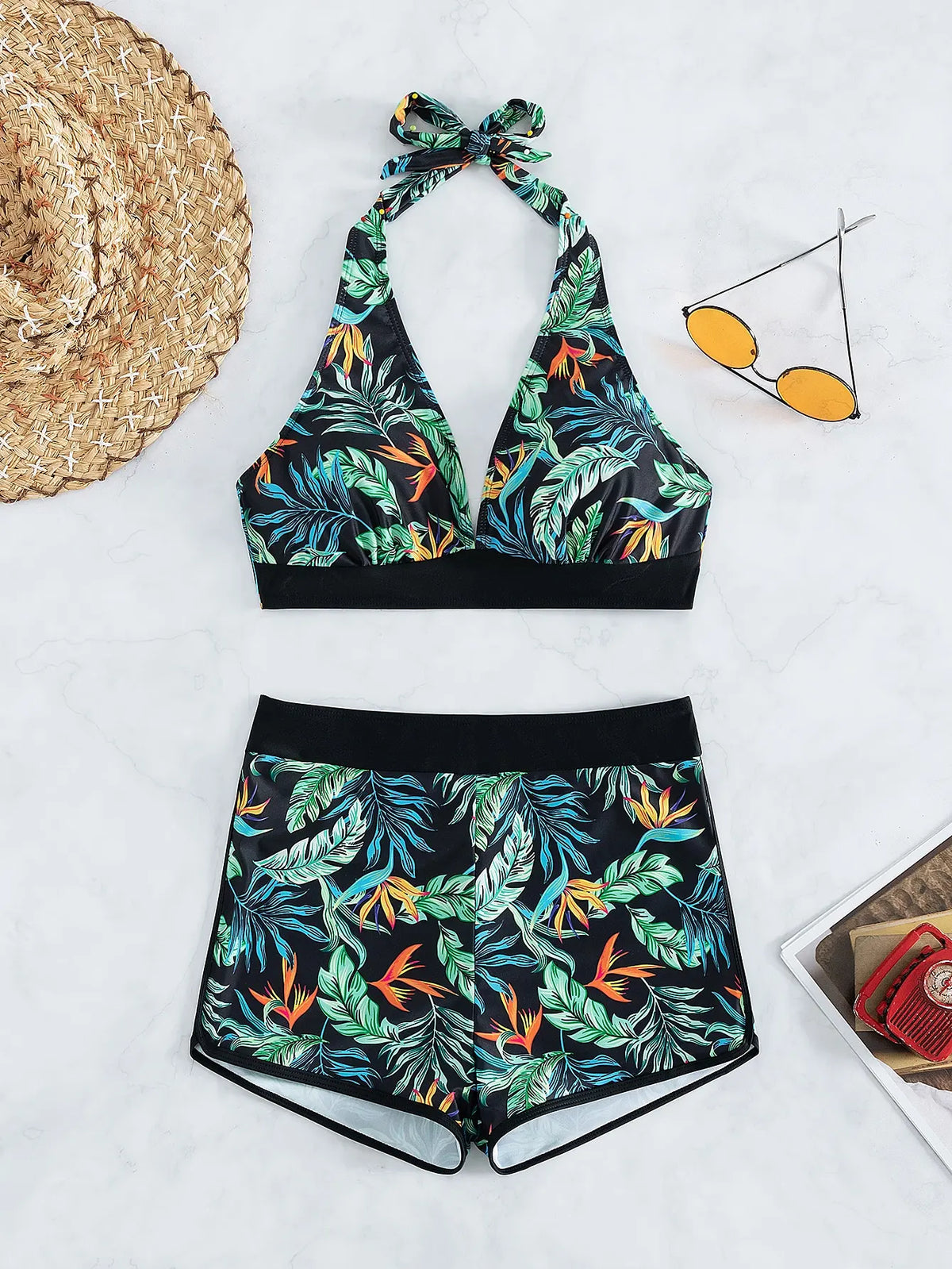 2 Piece Halter Bikini Set Shorts Swimsuit High Waist Swimwear Female Printed Bathers Swimming Bathing Swim Suit Beachwear - The Clothing Company Sydney
