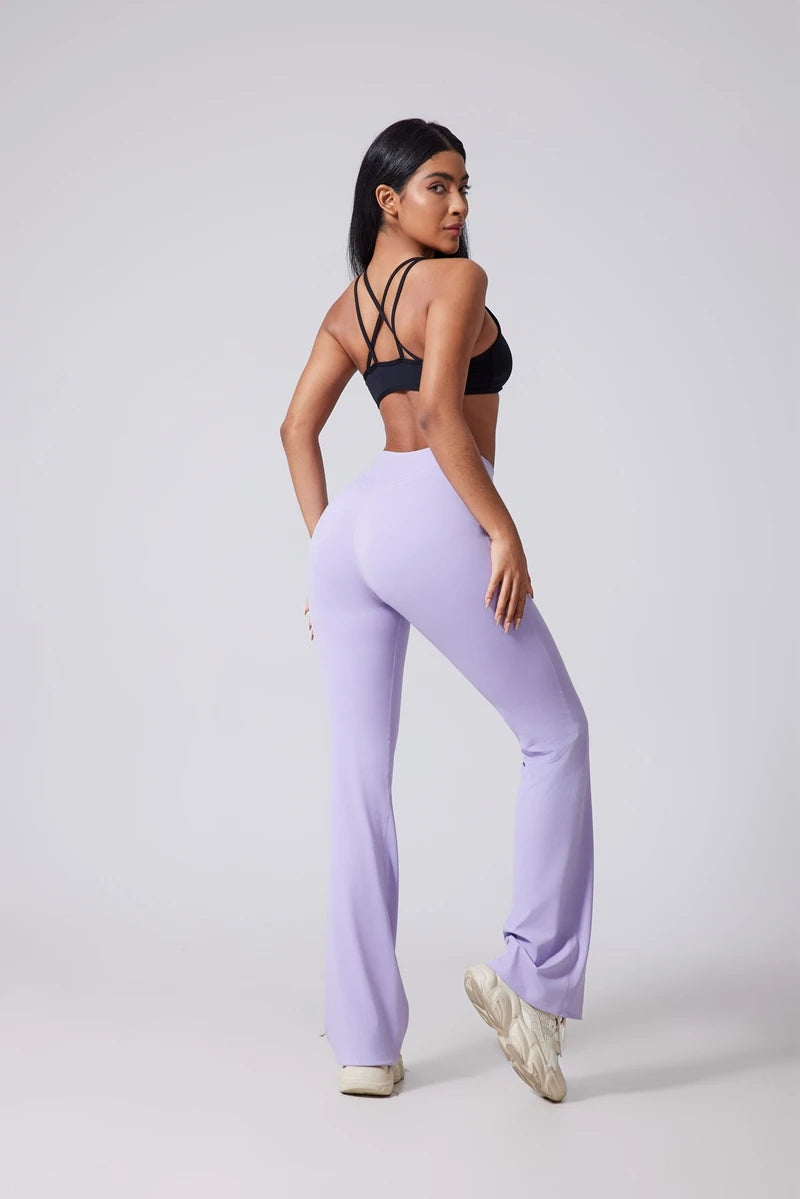 Women's high waisted flared yoga pants with wide legs and micro flare, designed for fitness and comfortable movement by The Clothing Company Sydney