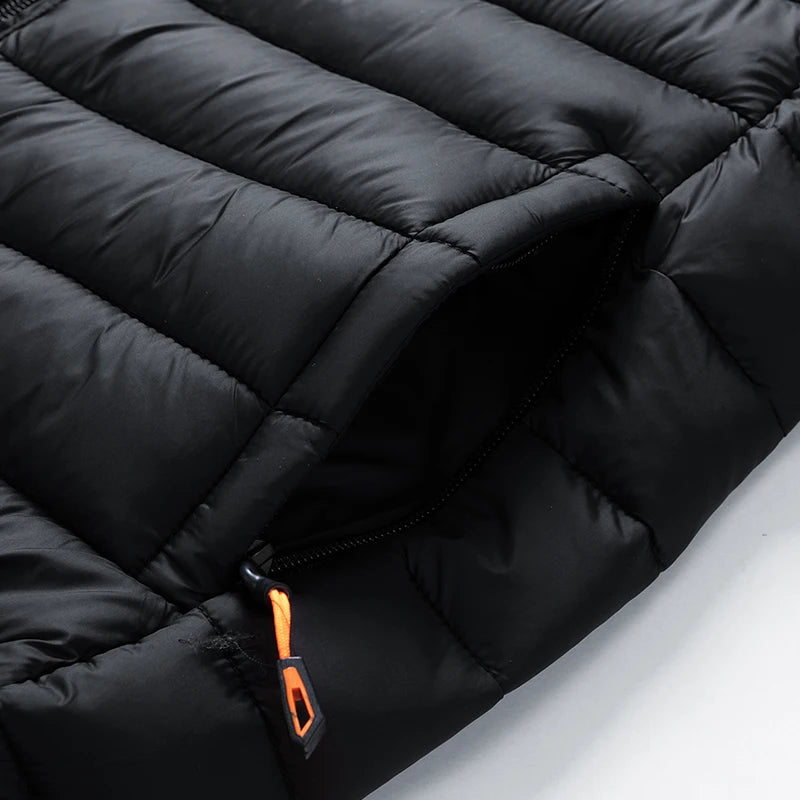 Men's hooded casual puffer down jacket by The Clothing Company Sydney, shown in a cozy, insulated design with a front zipper and hood.