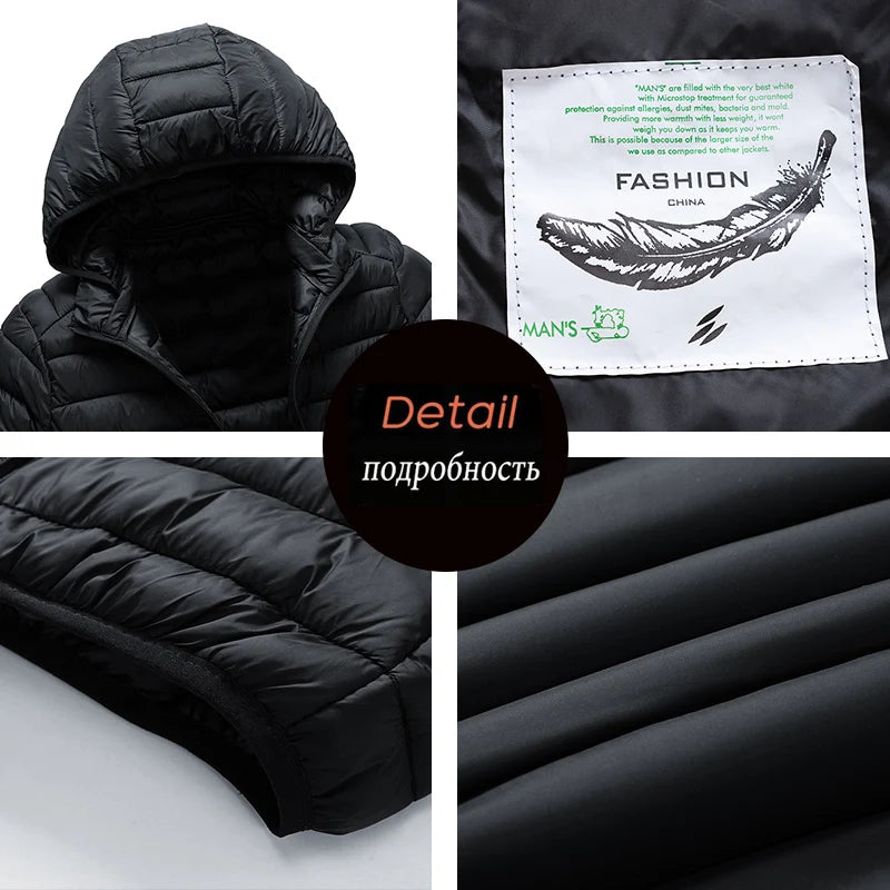 Men's hooded casual puffer down jacket by The Clothing Company Sydney, featuring a quilted design and front zipper.