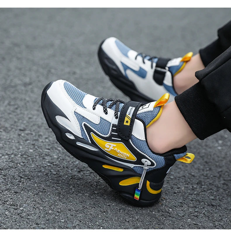 Boys’ breathable mesh sneakers by The Clothing Company Sydney, lightweight kids' sports shoes with non-slip soles and hook & loop closure.