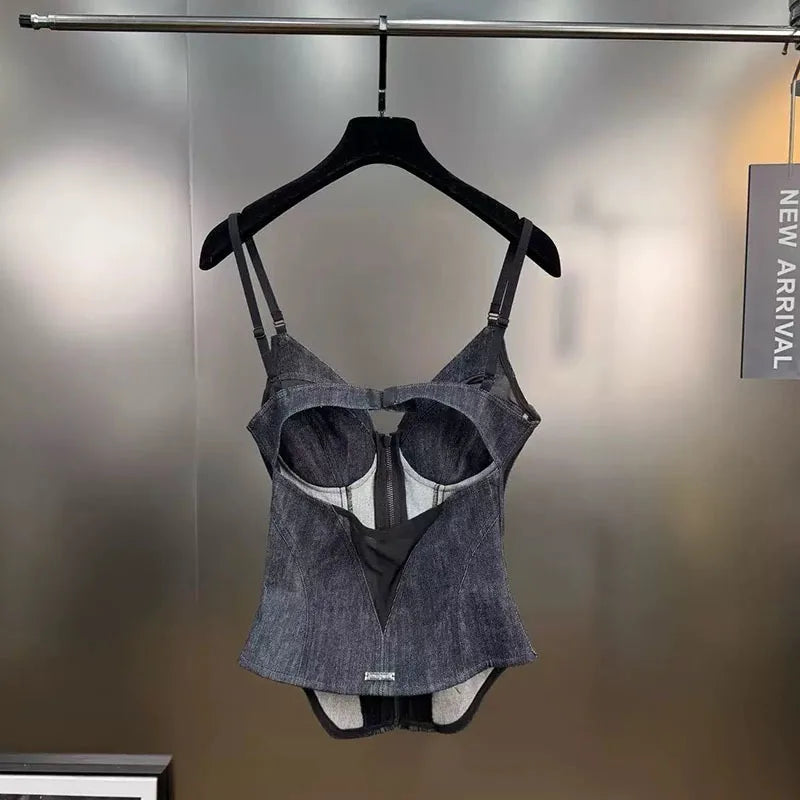 Trendy Patchwork Mesh Denim Camisole Vest For Women Outwear Backless Tank Top