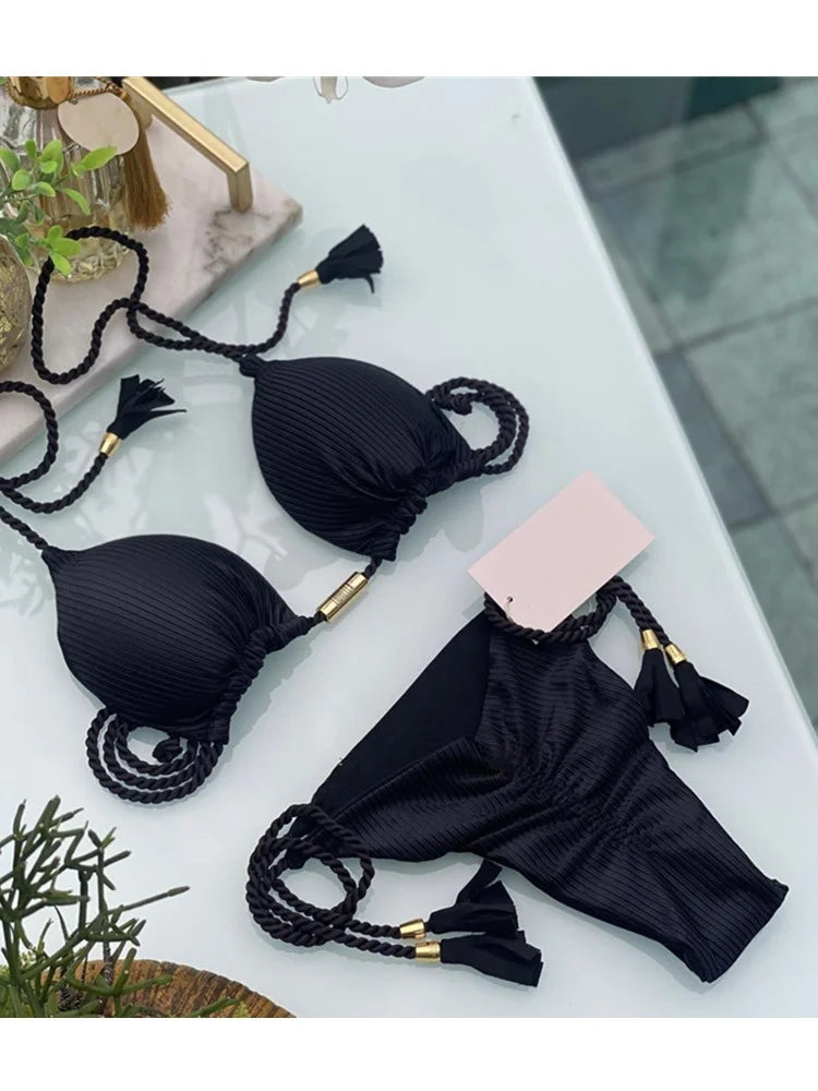 Backless women's bikini with rope triangle design, swimwear by The Clothing Company Sydney, featuring a stylish and minimal swimsuit.