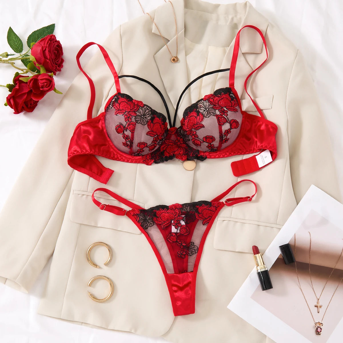 Two piece Embroidered bra Women's Floral Embroidered Lingerie - Black and red Underwear Set The Clothing Company Sydney