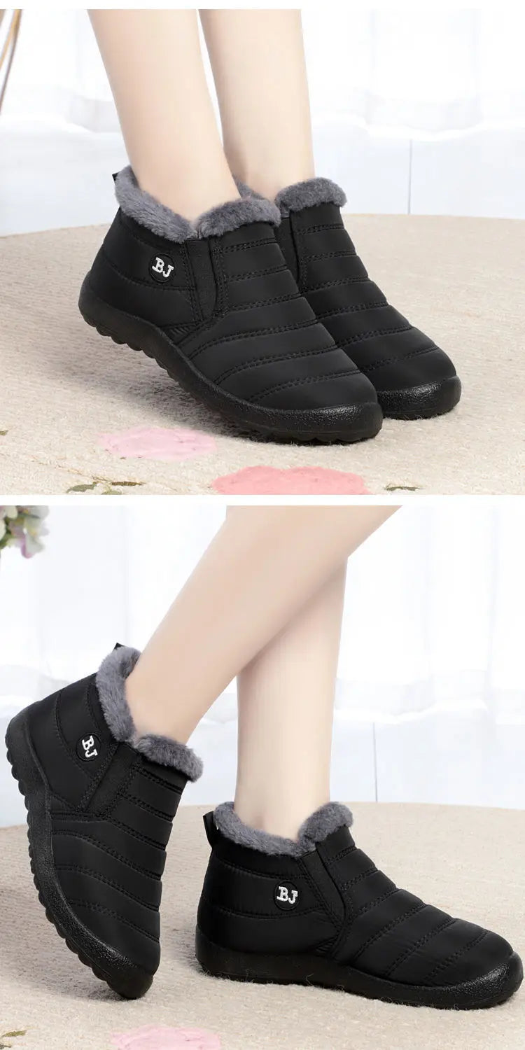 Women's waterproof fur snow boots by The Clothing Company Sydney, slip-on ankle shoes with cozy fur lining and durable winter outsole.