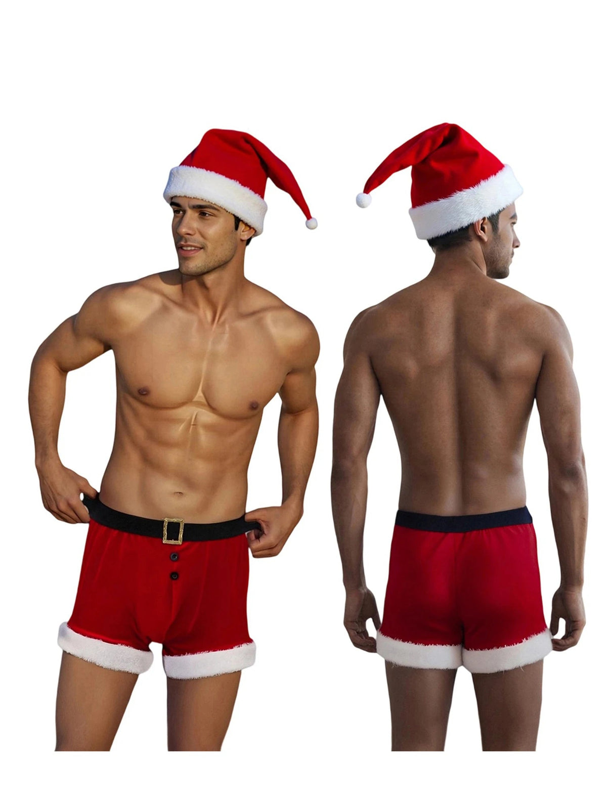 Men's Christmas lingerie set featuring red and white boxer briefs with Santa hat, holiday-themed underwear by The Clothing Company Sydney.