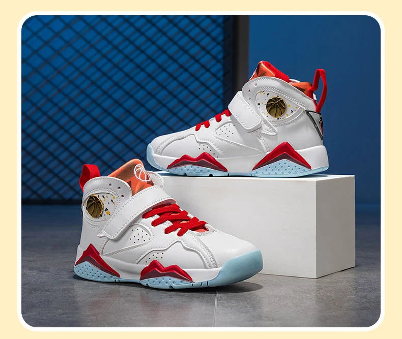Kids' boys' basketball shoes by The Clothing Company Sydney with non-slip outdoor sports sneakers, shown in a side view.