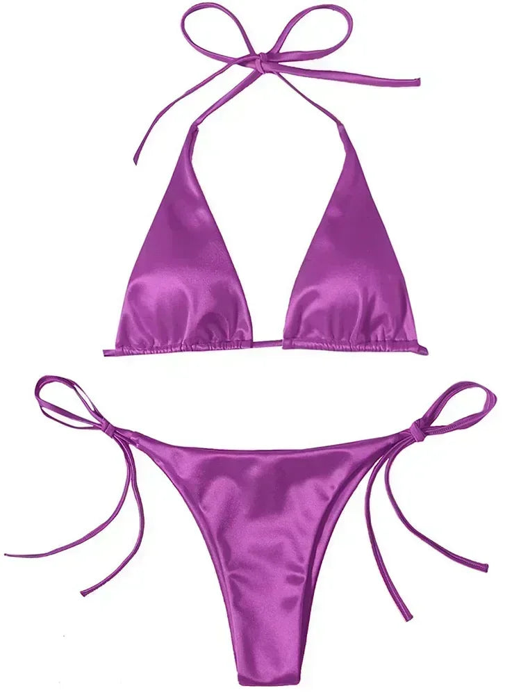Two-piece Brazilian metallic satin bikini set with halter top and high-cut bottoms, perfect for beachwear by The Clothing Company Sydney