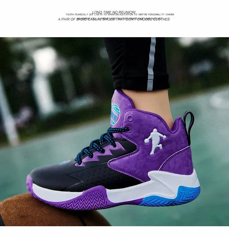 Kids basketball shoes by The Clothing Company Sydney featuring breathable fabric and non-slip rubber soles for active play.