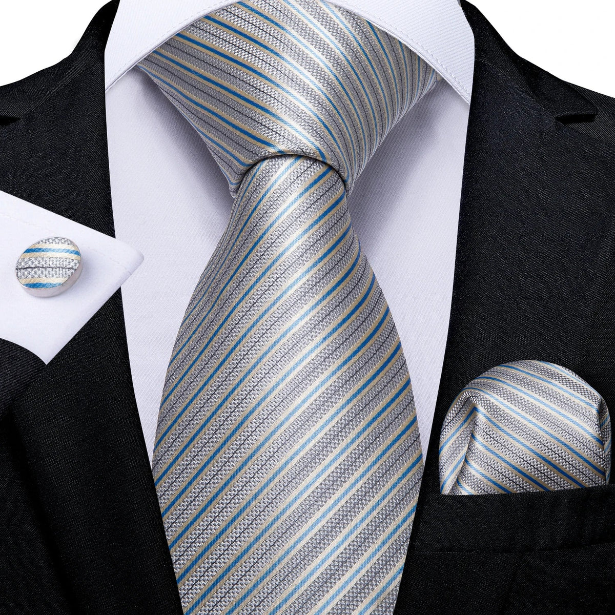 Men's gray paisley silk tie set with wedding tie, pocket square, and cufflinks from The Clothing Company Sydney displayed on a flat lay