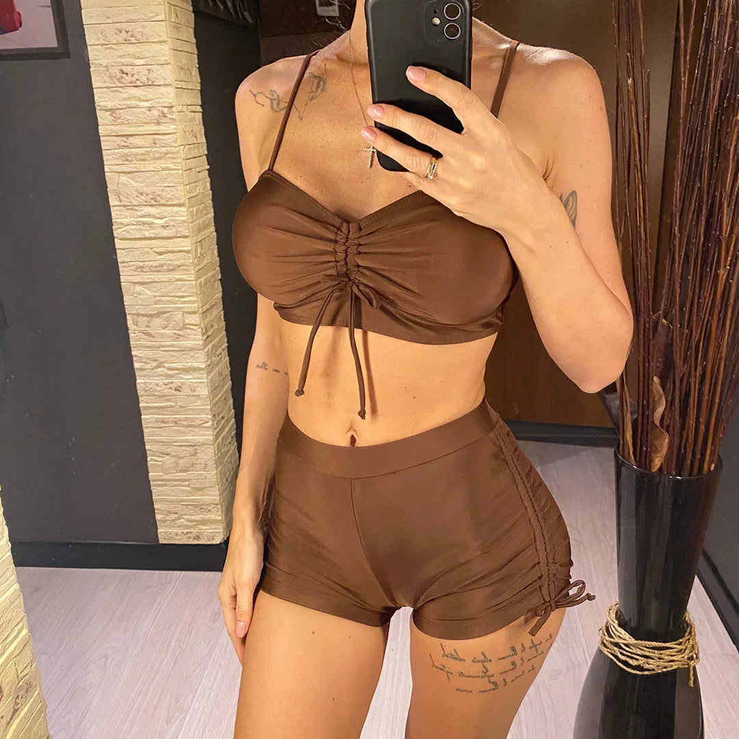 High-waist wrinkled knotted bikini set by The Clothing Company Sydney, featuring a stylish two-piece swimsuit for women.