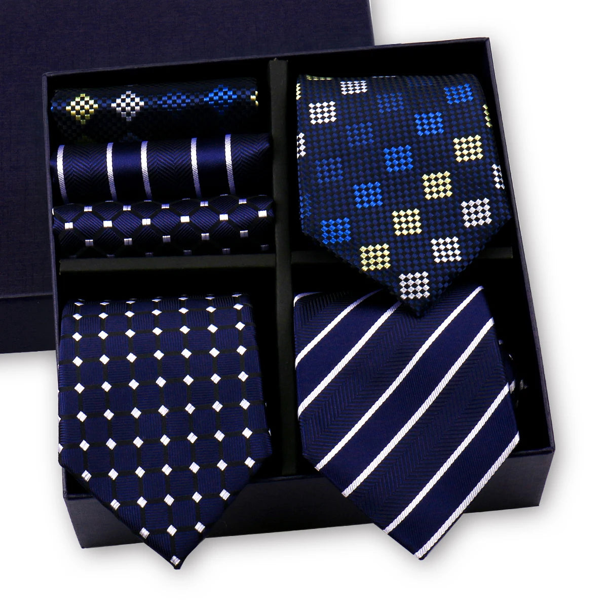 Luxury men's tie set by The Clothing Company Sydney featuring a paisley striped necktie and handkerchief in a gift box, ideal for formal wear.