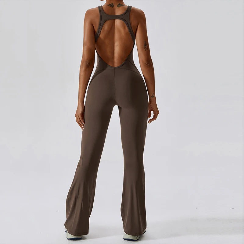Open back V jumpsuit gym set by The Clothing Company Sydney, women's fitness and yoga bodysuit with stretch fabric for workouts.